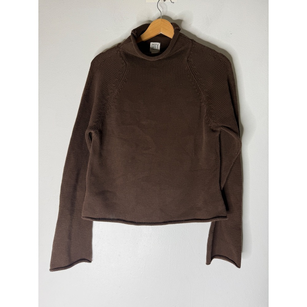 City DKNY Vintage Brown Cotton Mock Neck Raglan Sleeve Knit Sweater Small